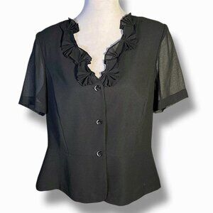 Danny & Nicole Ruffled Blouse Sheer Lined Dressy V Neck Short Sleeve Black 16
